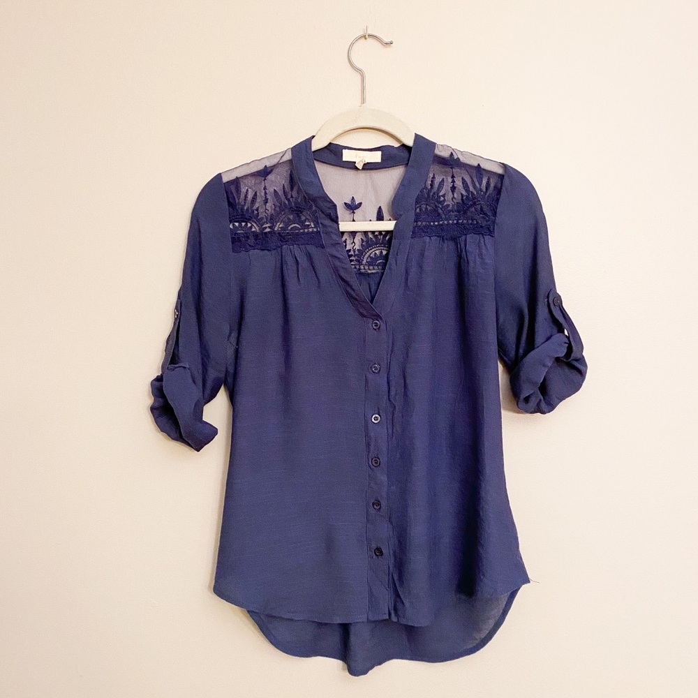 Navy Blue, button front blouse with lace detailing on the shoulders